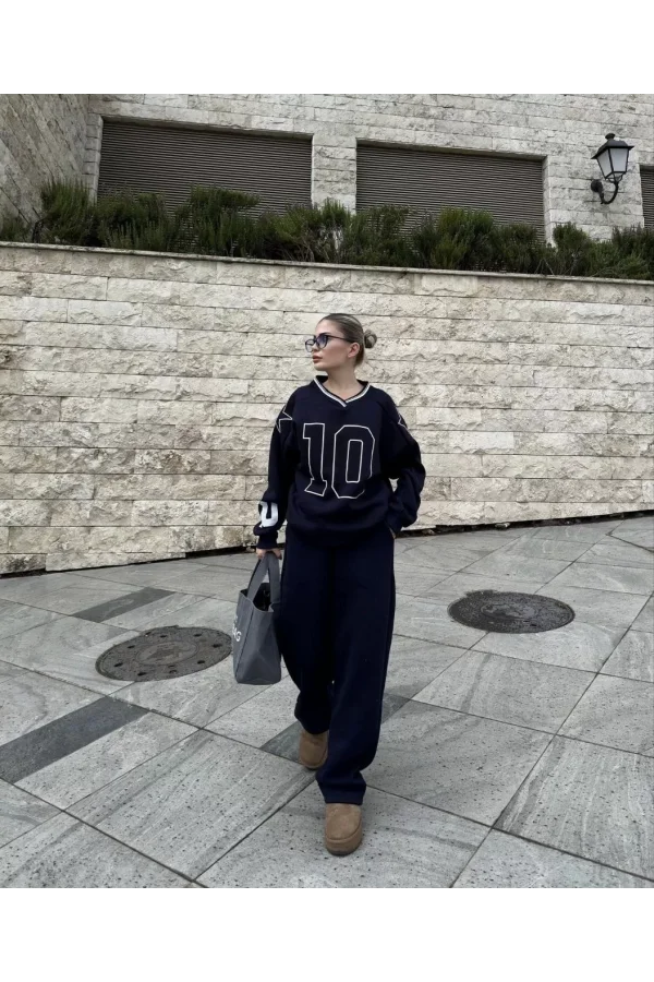 V Yaka Üç İplik Sweat Takım - Siyah
