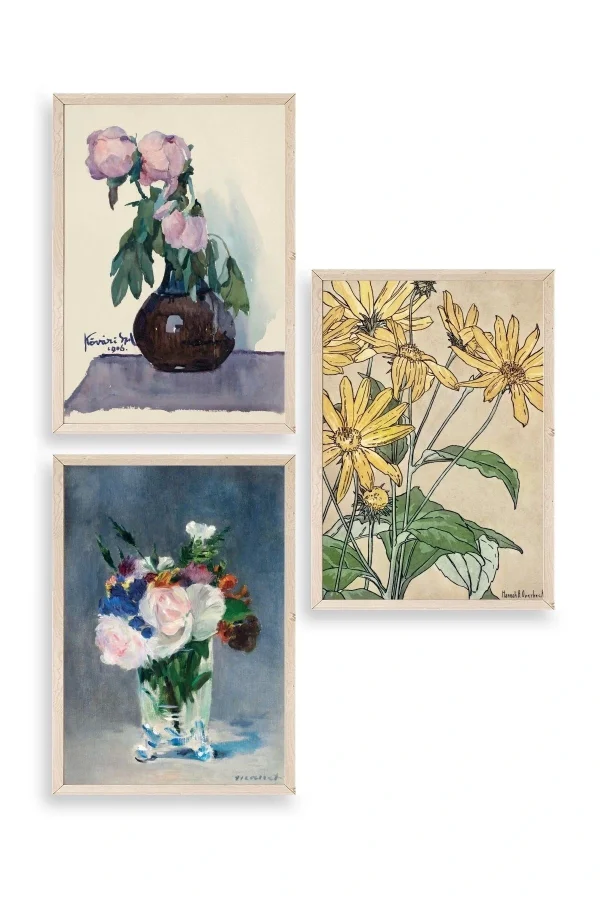 Vazodaki Çiçekler Üçlü Ahşap Çerçeveli Tablo