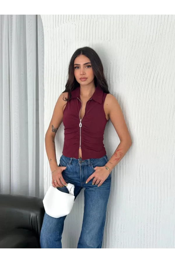 Yakalı Tam Fermuarlı Kolsuz Bluz - Bordo