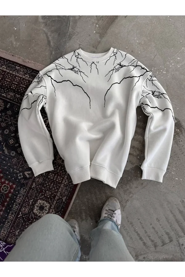 Yıldırım Baskılı Bisiklet Yaka SweatShirt - Beyaz