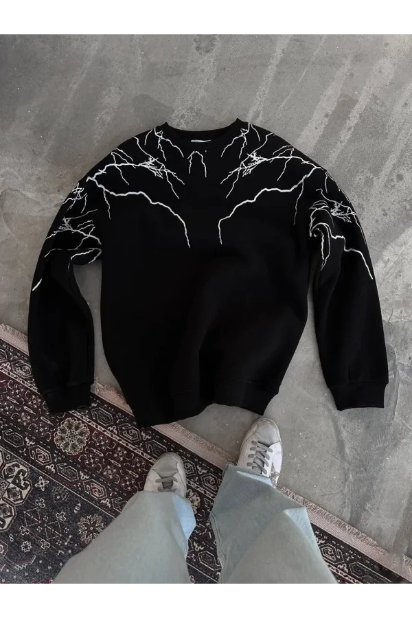Yıldırım Baskılı Bisiklet Yaka SweatShirt - Siyah