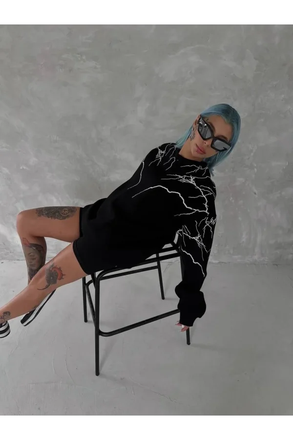 Yıldırım Baskılı Bisiklet Yaka SweatShirt - Siyah