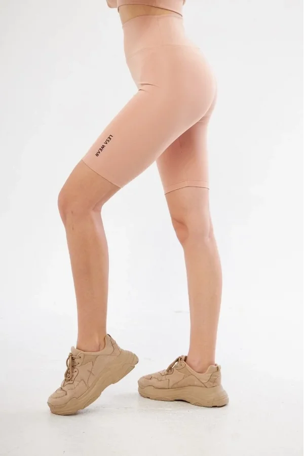 Yüksek Bel Biker Sporcu Şort - Bej