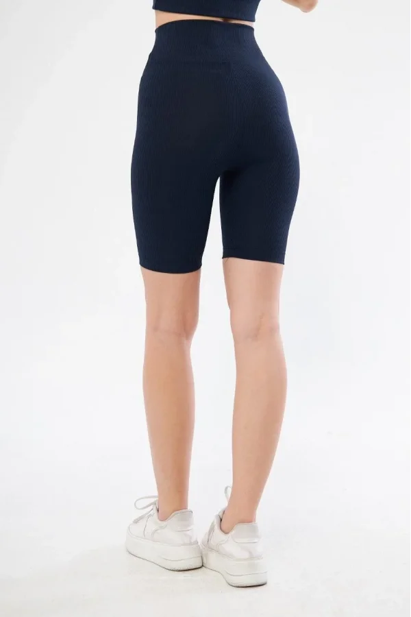 Yüksek Bel Fitilli Biker Baskılı Şort - Lacivert