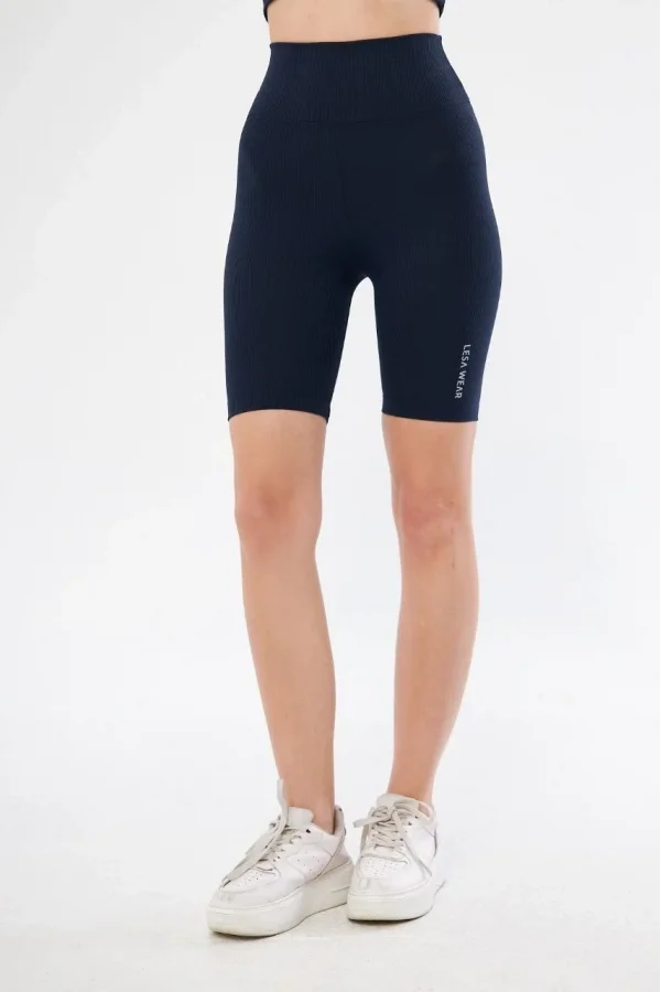 Yüksek Bel Fitilli Biker Baskılı Şort - Lacivert