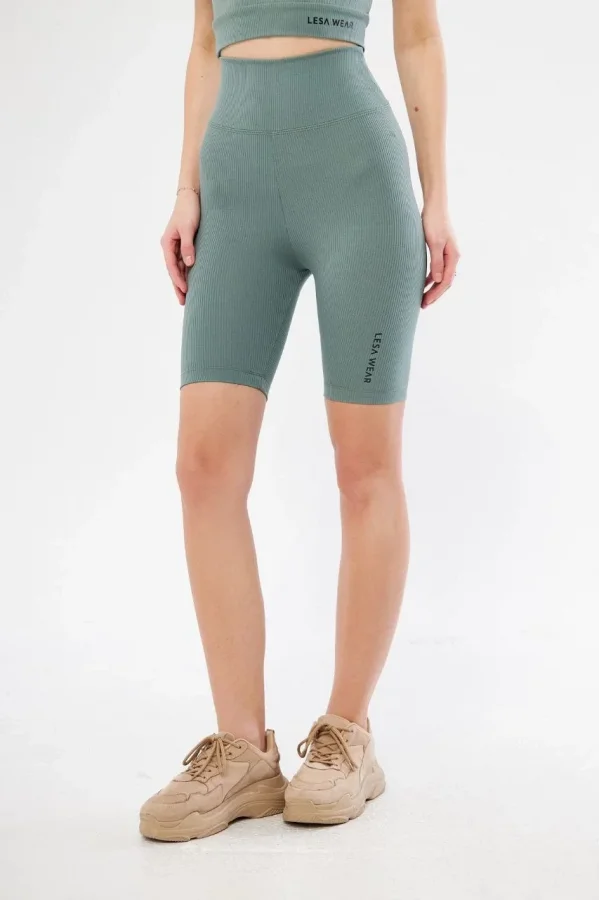 Yüksek Bel Fitilli Biker Baskılı Şort - Mint Yeşili