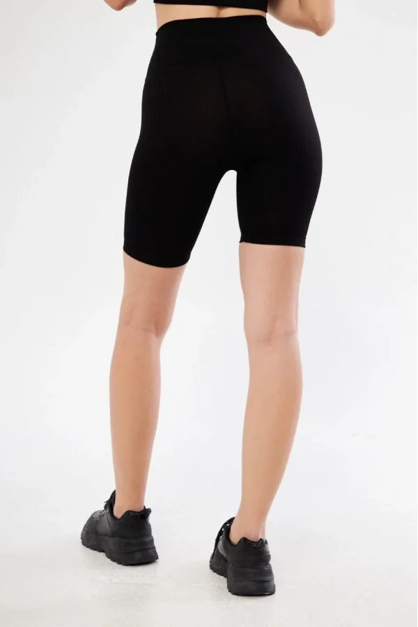 Yüksek Bel Fitilli Biker Baskılı Şort - Siyah