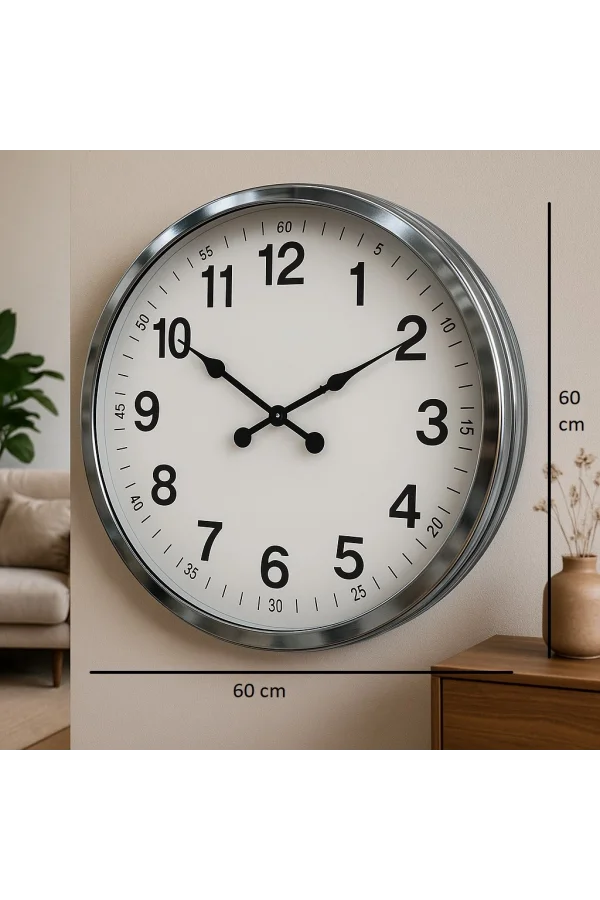 Zentime  Krom Zarif 60 Cm Metal Duvar Saati