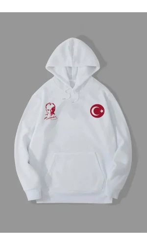 10 Kasıma Özel Üç İplik Kapüşonlu Baskılı SweatShirt - Beyaz