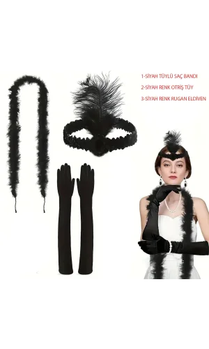 1920’ler Tarzı Siyah Tüylü Saç Bandı, Rugan Siyah Eldiven ve Siyah Otri̇ş Seti