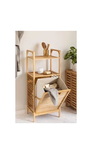 2 Organizer Raflı Ahşap Bambu Çek-Aç Kirli Sepeti