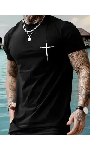 20/1 Penye Compack Baskılı Oversize Bisiklet Yaka Kısa Kol T-shirt - Siyah