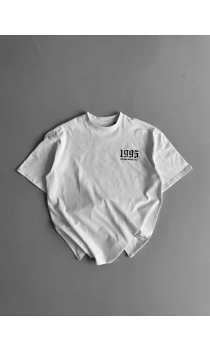 20/1 Penye Compack Baskılı Oversize Bisiklet Yaka Kısa Kol Yazlık T-shirt - Beyaz