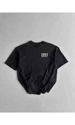 20/1 Penye Compack Baskılı Oversize Bisiklet Yaka Kısa Kol Yazlık T-shirt - Siyah