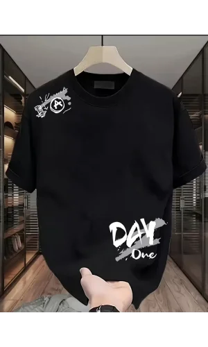 20/1 Penye Compack Day One Baskılı Oversize Bisiklet Yaka T-shirt - Siyah