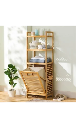 3 Organizer Raflı Ahşap Bambu Çek-Aç Kirli Sepeti