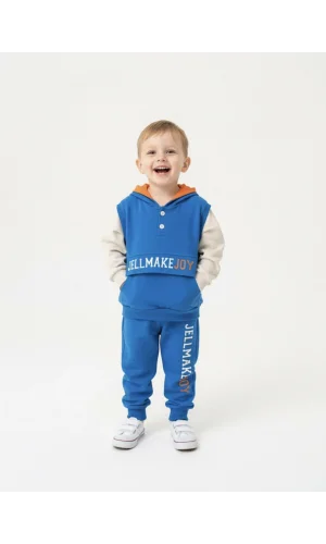 Çocuk Mavi -Bej Kapüşonlu Sweatahirt ve Eşofman Takımı