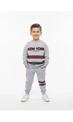 Çocuk Açık Gri “NEW YORK” Yazılı Çizgili Eşofman Takımı