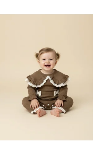 Dantel Detaylı Bebe Yaka Kahverengi Kız Bebek Tulum