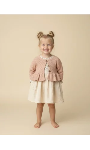 Fırfırlı Örgü Hırka ve Müslin Elbise Kombini Kız Çocuk Takımı