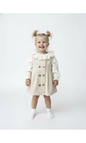 Bej Fitilli Kadife Düğmeli Jile Elbise