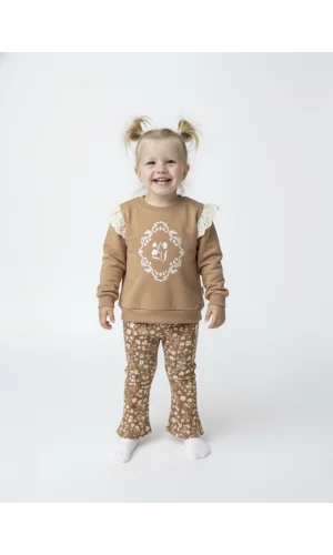 Kız Çocuk Desenli Sweatshirt ile Çiçek Baskılı Takım