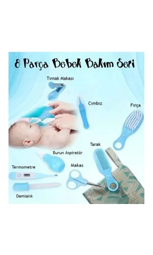 8 Parça Bebek Bakım Seti Mavi Renk