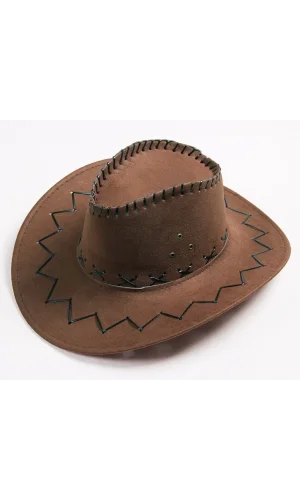 Bağcıklı Yetişkin Boy Süet Kovboy Şapkası Koyu Kahve Renk
