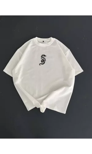 Baskılı Oversize Bisiklet Yaka T-shirt - Beyaz