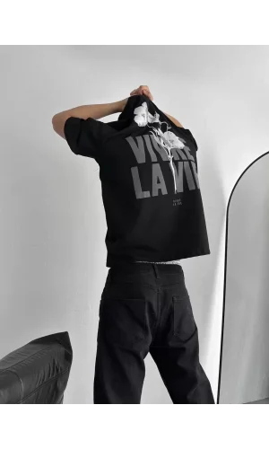 Baskılı Oversize Bisiklet Yaka T-shirt - Siyah