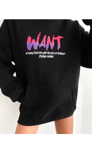 Baskılı Üç İplik Kapüşonlu Oversize Sweatshirt - Siyah