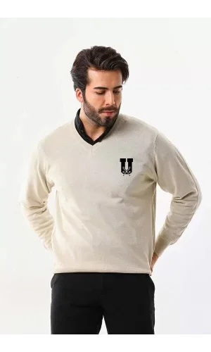 Baskılı V Yaka Uzun Kol Dokuma Triko - Bej
