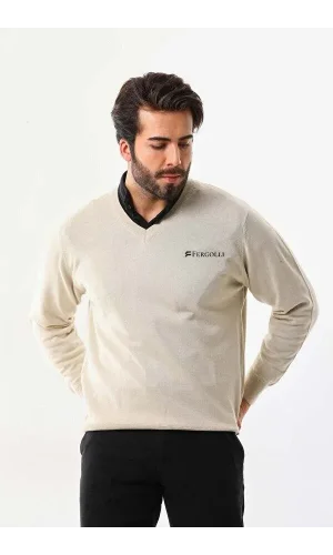 Baskılı V Yaka Uzun Kol Dokuma Triko - Bej