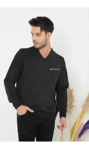 Baskılı V Yaka Uzun Kol Dokuma Triko - Füme