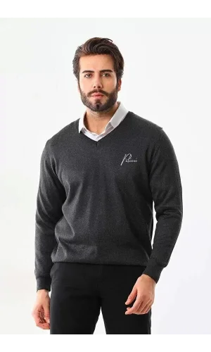 Baskılı V Yaka Uzun Kol Dokuma Triko - Füme