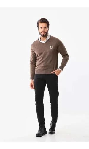 Baskılı V Yaka Uzun Kol Dokuma Triko - Kahve