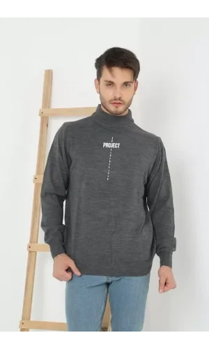 Baskılı Yarım Boğazlı Uzun Kol Dokuma Triko - Füme