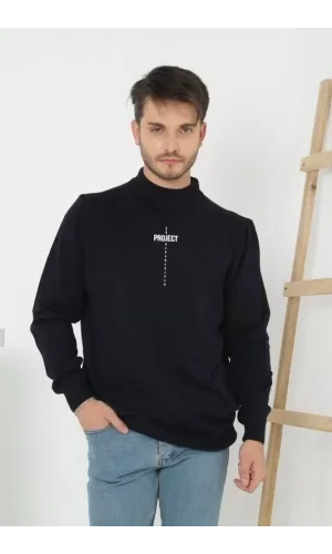 Baskılı Yarım Boğazlı Uzun Kol Dokuma Triko - Siyah