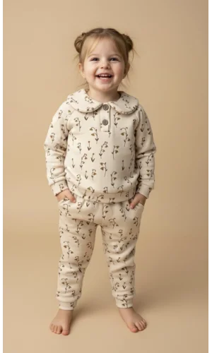 Bej Çiçek Baskılı Bebek Yaka Eşofman Takımı