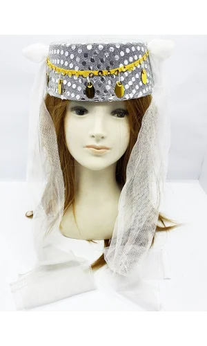 Beyaz Duvaklı Altın Pul İşlemeli Kına Fesi