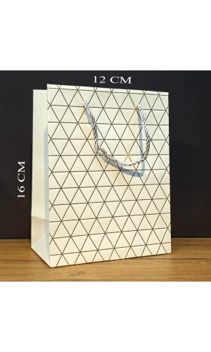 Beyaz Geometrik Desenli Mini Boy Karton Hediye Çantası