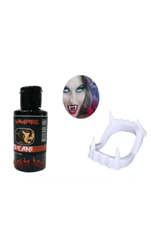 Beyaz Renk Çift Damak Takma Vampir Dişi ve 50 gr Tiyatro Kanı Set