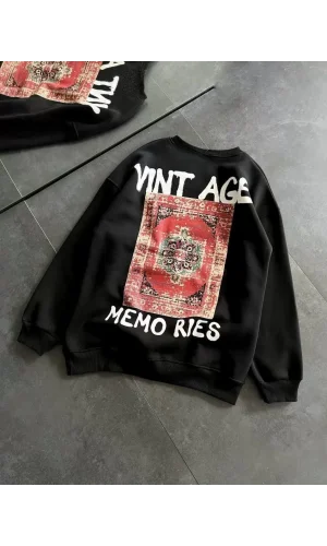 Bisiklet Yaka Üç İplik Baskılı Oversize SweatShirt - Siyah