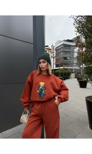 Bisiklet Yaka Üç İplik Sweat Takım - kiremit