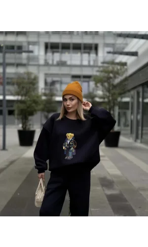 Bisiklet Yaka Üç İplik Sweat Takım - Siyah