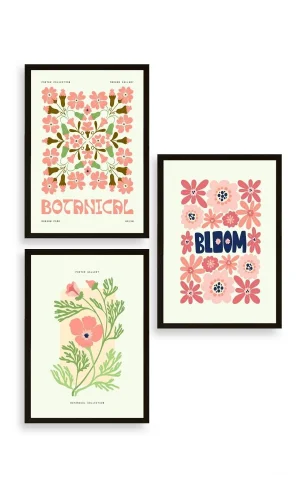 Botanik Üçlü Ahşap Çerçeveli Tablo