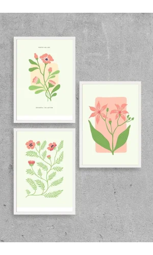 Botanik Üçlü Ahşap Çerçeveli Tablo