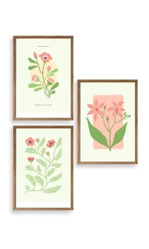 Botanik Üçlü Ahşap Çerçeveli Tablo