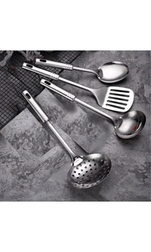BUFFER® 4lü Çelik Kepçe,Süzgeç,Servis Kaşığı,Spatula Mutfak Yemek Hazırlama Servis Seti