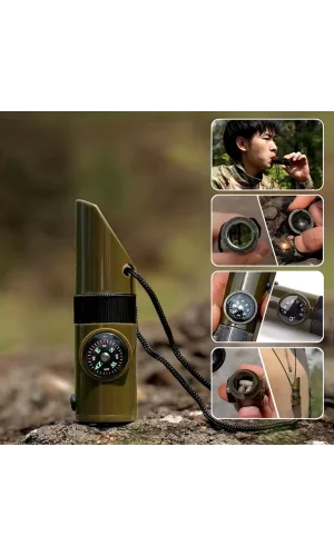 BUFFER® 7si 1arada Acil Durum Düdüğü,El Feneri, Termometre,Pusula,Büyüteç,Depolama Bölmeli Kampçı Düdüğü